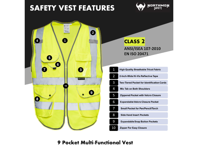 NORTHMON SAFETY Hi Vis 9 Pockets Safety Vest - 100 Series | ANSI Class 2