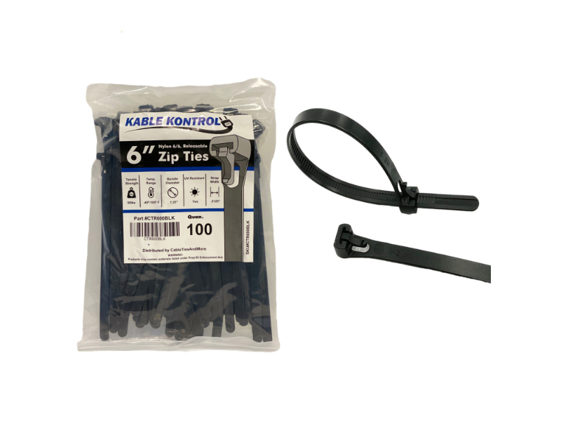 Kable Kontrol™ Releasable Reusable Zip Ties - 6 Long - 50 Lbs Tensile  Strength - 100 pack - UV Black