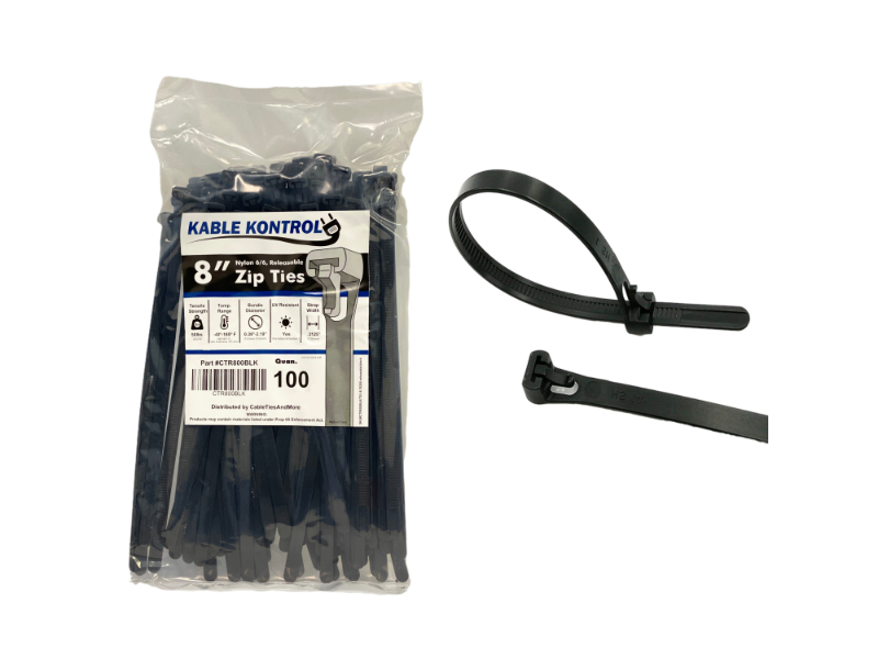 Kable Kontrol™ Releasable Reusable Zip Ties - 8 Long - 50 Lbs Tensile  Strength - 100 pack - UV Black